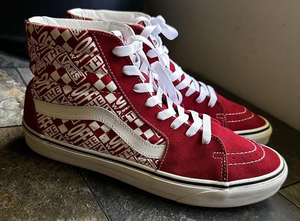 Vans Sk8-Hi OTW Logo Repeat Red White Men Sz 10 Hi Top Sneakers EUC VN0A32QG3VB